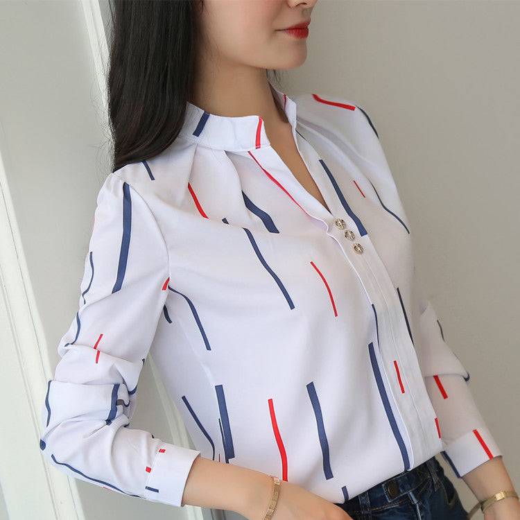 Loose striped stand collar blouse - Xmaker