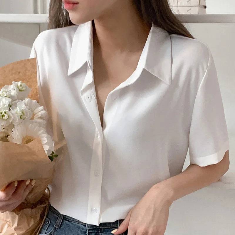 Women's Blouse Short Sleeve Lapel Neck Shirt - Xmaker