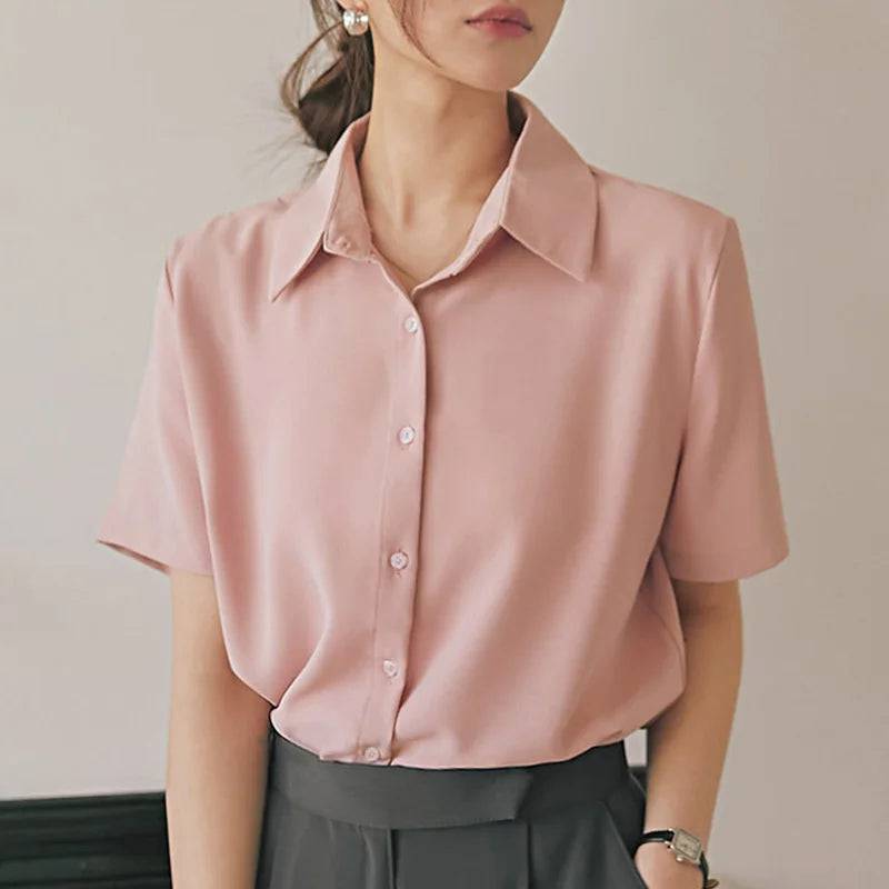 Women's Blouse Short Sleeve Lapel Neck Shirt - Xmaker