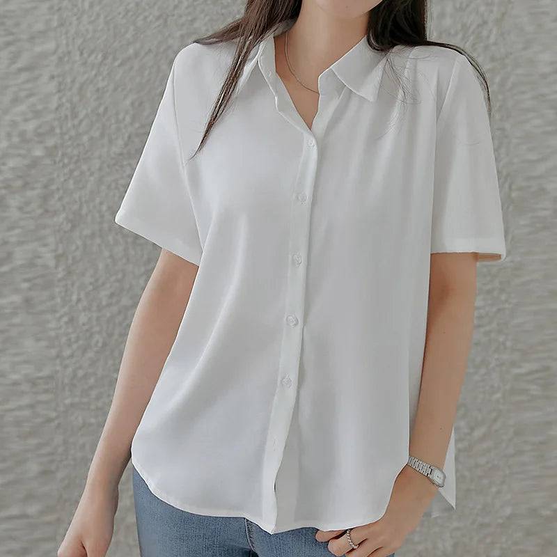 Women's Blouse Short Sleeve Lapel Neck Shirt - Xmaker