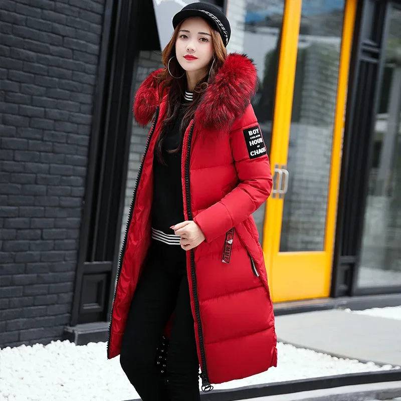 Women's Down Parkas Jacket Big Fur Collar Thick Slim Coat - Xmaker