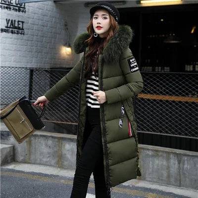 Women's Down Parkas Jacket Big Fur Collar Thick Slim Coat - Xmaker