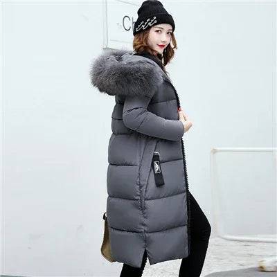 Women's Down Parkas Jacket Big Fur Collar Thick Slim Coat - Xmaker