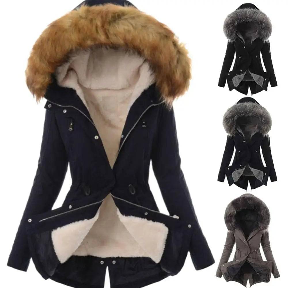 Warm Winter Women Faux Fur Hooded Cotton Down Jacket Casual Outwear Long Overcoat - Xmaker