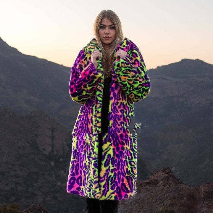 Fur Neon Leopard Print Furry Coat - Xmaker