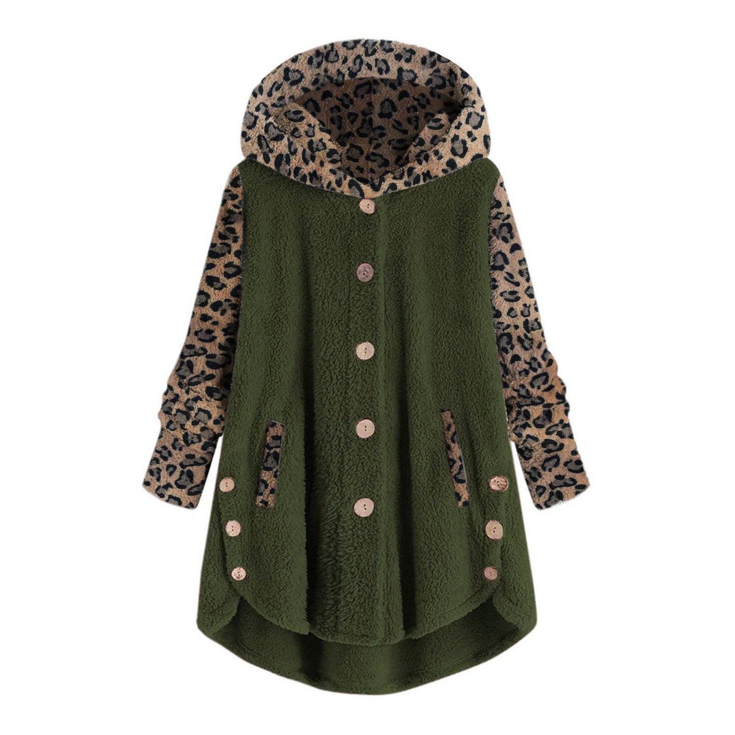 Long Sleeve Leopard Splicing Hooded Plush Coat For Women - Xmaker