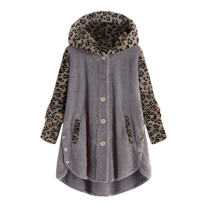 Long Sleeve Leopard Splicing Hooded Plush Coat For Women - Xmaker