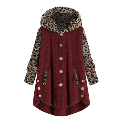 Long Sleeve Leopard Splicing Hooded Plush Coat For Women - Xmaker