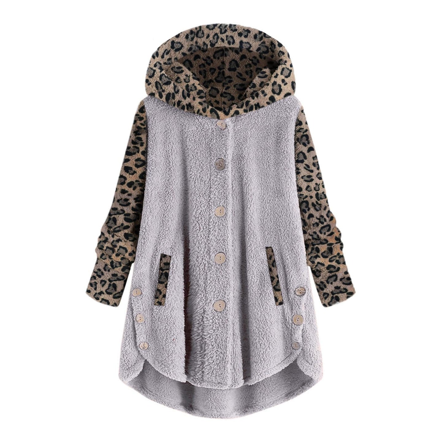 Long Sleeve Leopard Splicing Hooded Plush Coat For Women - Xmaker