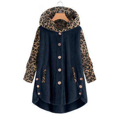 Long Sleeve Leopard Splicing Hooded Plush Coat For Women - Xmaker