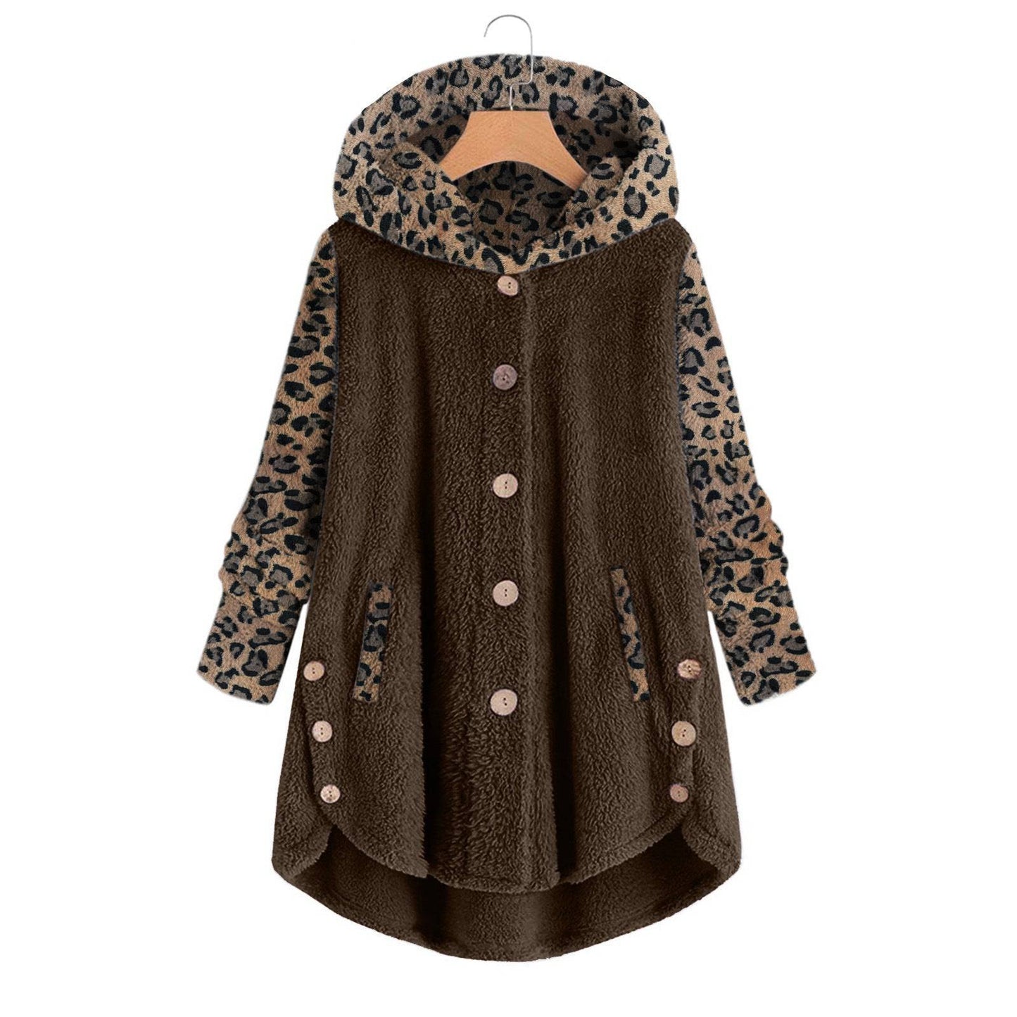 Long Sleeve Leopard Splicing Hooded Plush Coat For Women - Xmaker