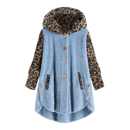 Long Sleeve Leopard Splicing Hooded Plush Coat For Women - Xmaker