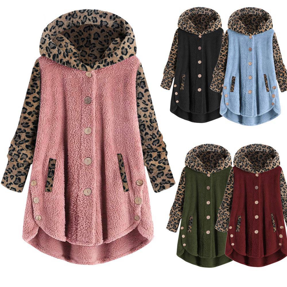 Long Sleeve Leopard Splicing Hooded Plush Coat For Women - Xmaker