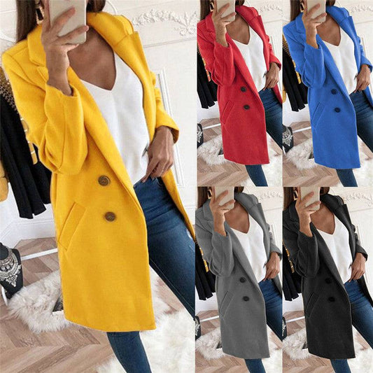 Solid Color Polo Collar Mid-length Button Woolen Coat - Xmaker