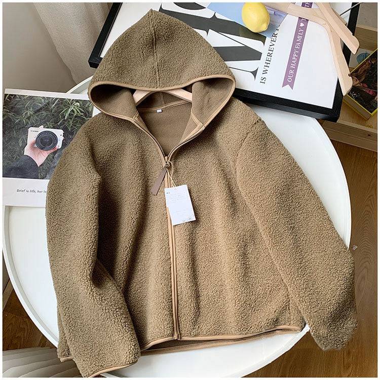 Warm loose lamb wool polar fleece hooded zipper long sleeve jacket - Xmaker