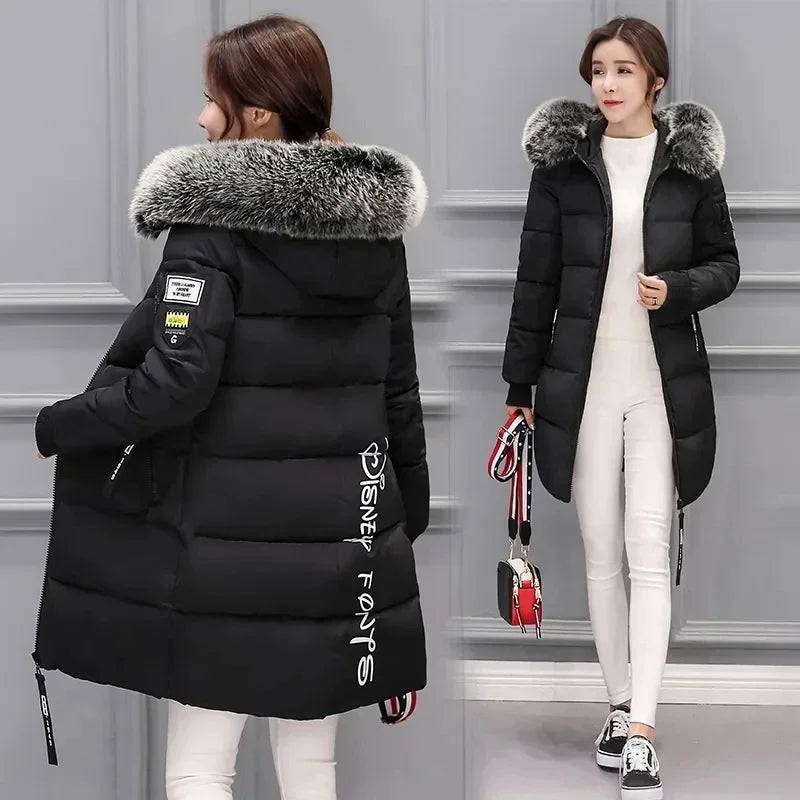 Women's Winter Parka Big Fur Collar Hooded Thick Down Cotton Coat - Xmaker