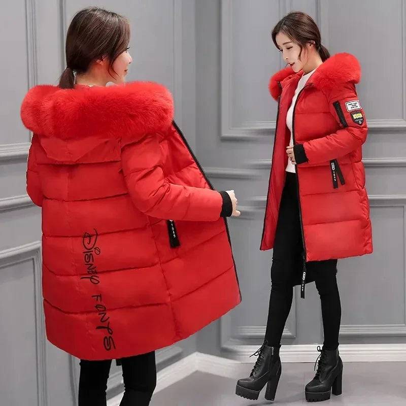 Women's Winter Parka Big Fur Collar Hooded Thick Down Cotton Coat - Xmaker