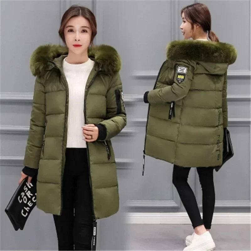 Women's Winter Parka Big Fur Collar Hooded Thick Down Cotton Coat - Xmaker