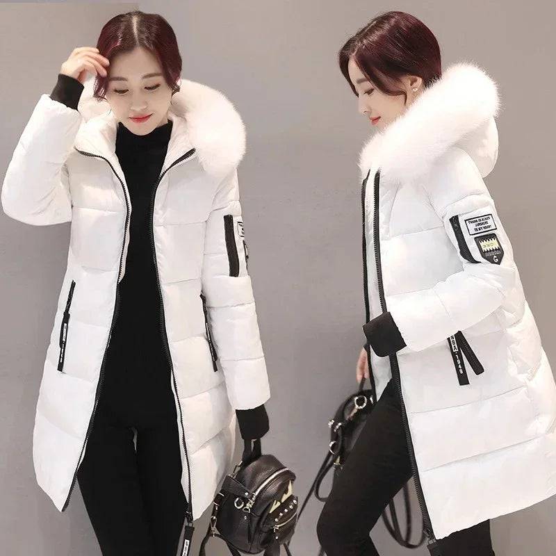 Women's Winter Parka Big Fur Collar Hooded Thick Down Cotton Coat - Xmaker