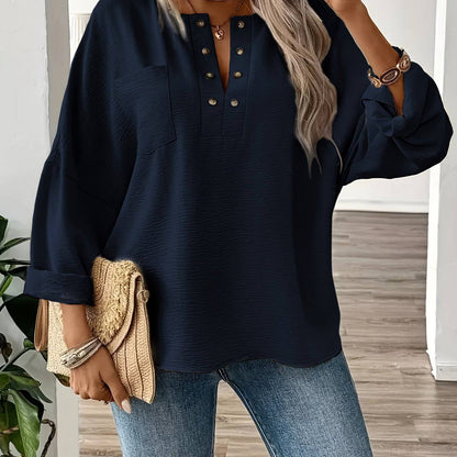 Stylish Plus Size Elegant Long Sleeve Pocket Blouse - Women Plus - Classic Solid Button Front Design, Comfortable Wear for Spring & Fall, Flattering Fit, Easy Care - Xmaker