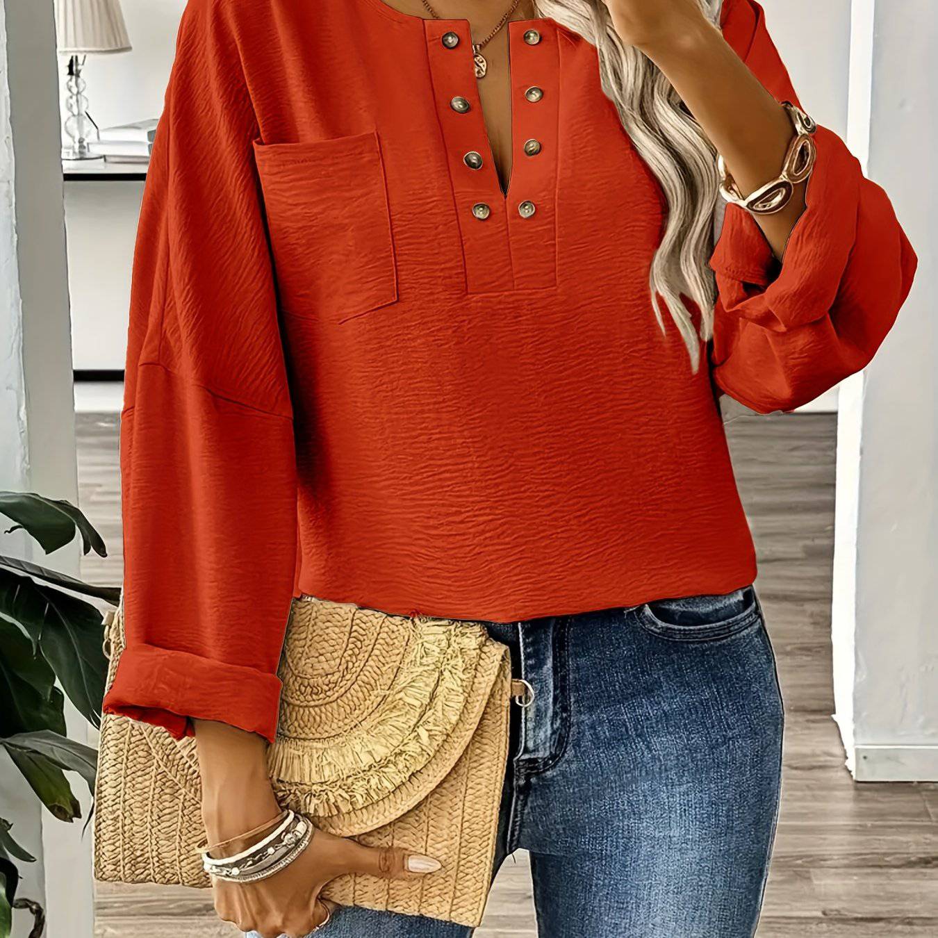 Stylish Plus Size Elegant Long Sleeve Pocket Blouse - Women Plus - Classic Solid Button Front Design, Comfortable Wear for Spring & Fall, Flattering Fit, Easy Care - Xmaker