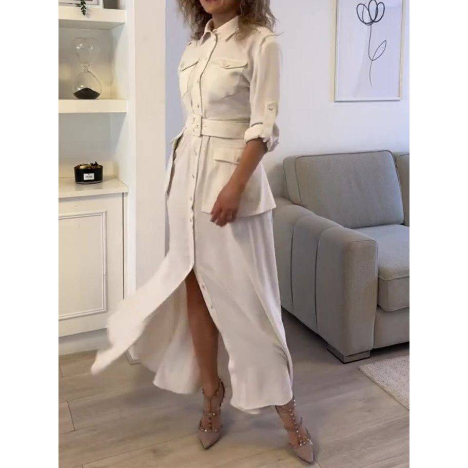 Solid Color Long Sleeve Shirt Belt Dress - Xmaker