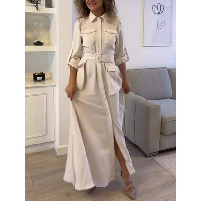 Solid Color Long Sleeve Shirt Belt Dress - Xmaker