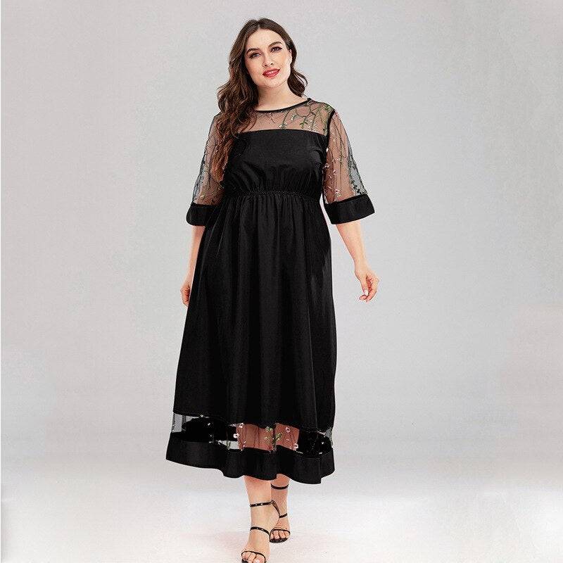 Women's plus size lace splicing short sleeve loose long dress - Xmaker