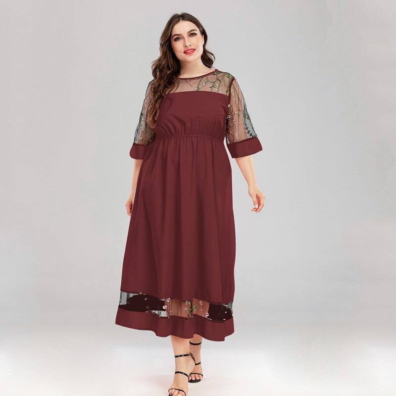 Women's plus size lace splicing short sleeve loose long dress - Xmaker