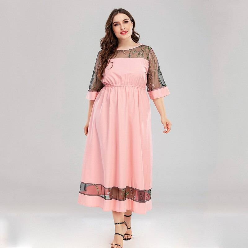 Women's plus size lace splicing short sleeve loose long dress - Xmaker