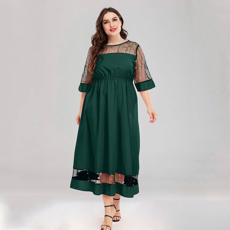 Women's plus size lace splicing short sleeve loose long dress - Xmaker