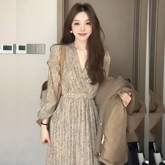 V-neck floral long-sleeved chiffon dress Women - Xmaker