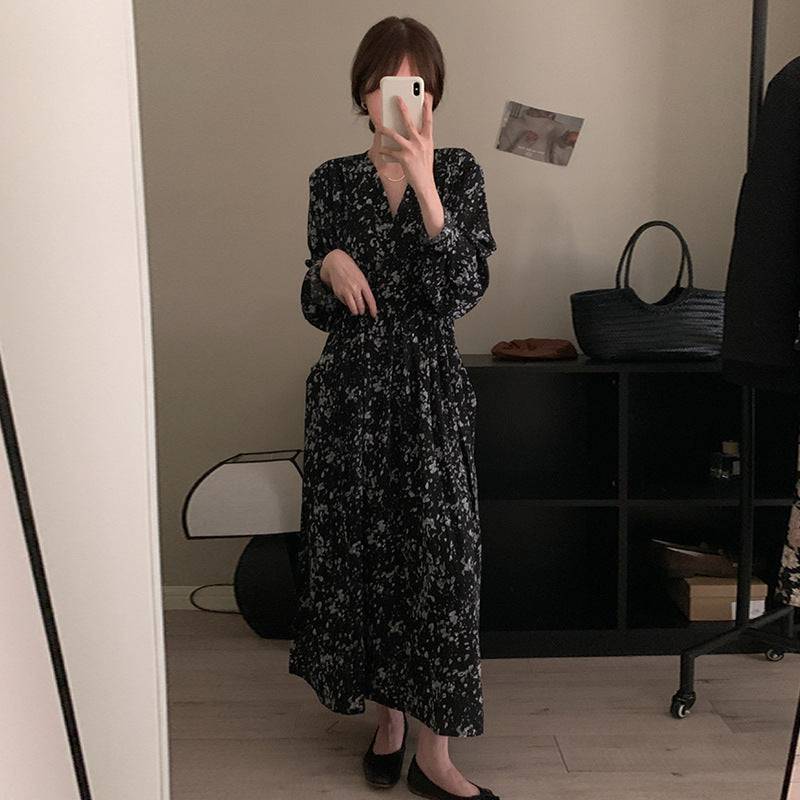 Retro V-neck floral  lace-up waist slim long sleeve dress for women - Xmaker