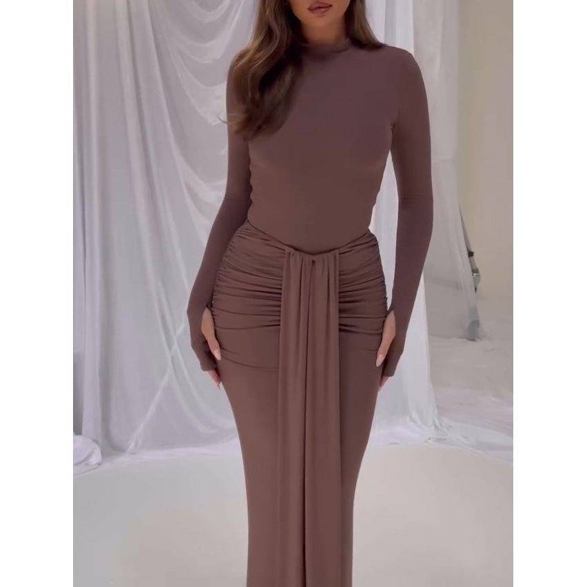 Solid Color Long Sleeve Hip Cover Dress - Xmaker