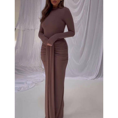 Solid Color Long Sleeve Hip Cover Dress - Xmaker