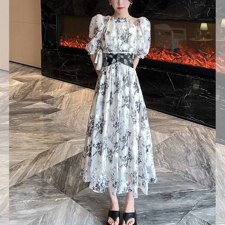 Temperament printed puff sleeve heavy jacquard waist dress for women - Xmaker