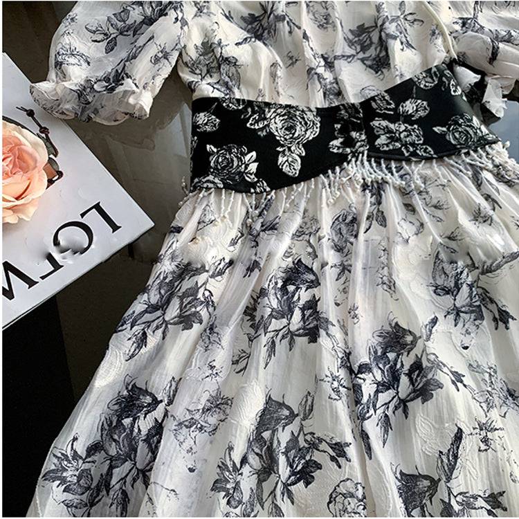 Temperament printed puff sleeve heavy jacquard waist dress for women - Xmaker