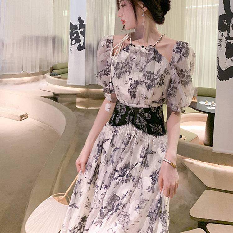 Temperament printed puff sleeve heavy jacquard waist dress for women - Xmaker