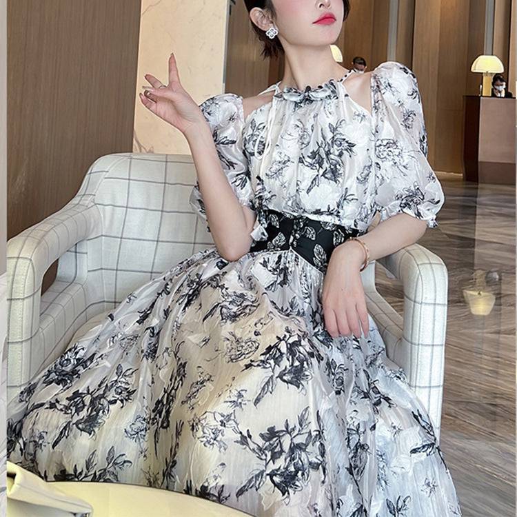 Temperament printed puff sleeve heavy jacquard waist dress for women - Xmaker