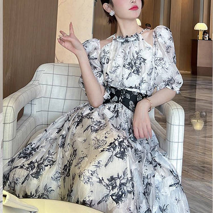 Temperament printed puff sleeve heavy jacquard waist dress for women - Xmaker