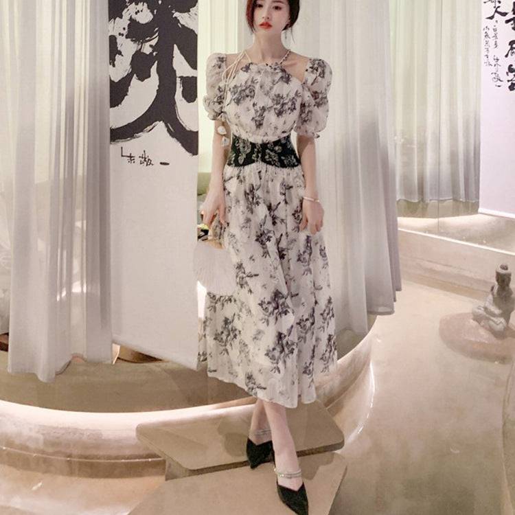 Temperament printed puff sleeve heavy jacquard waist dress for women - Xmaker