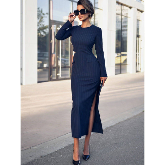 Round Neck Long Sleeve Hollow Striped Dress - Xmaker