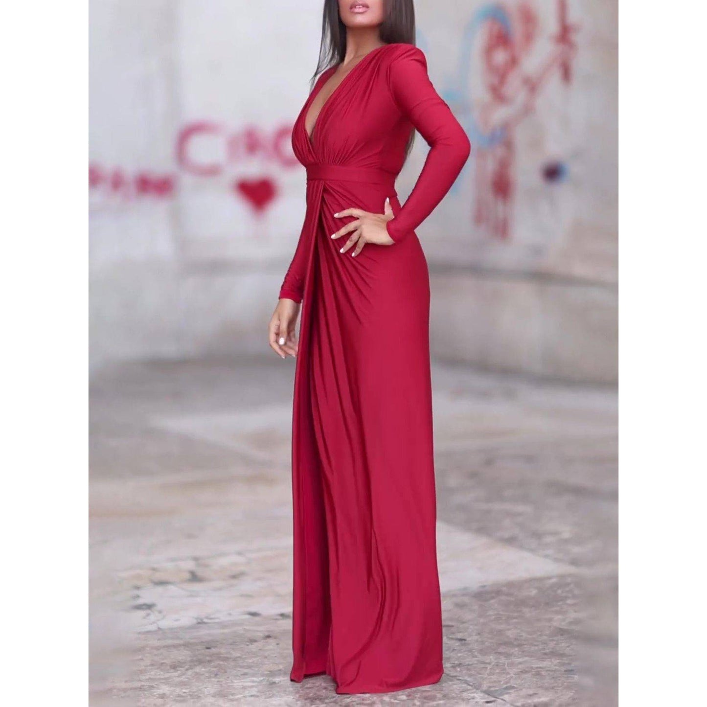 V-neck Long-sleeved Solid Color Maxi Dress - Xmaker