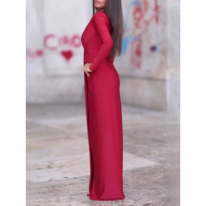 V-neck Long-sleeved Solid Color Maxi Dress - Xmaker