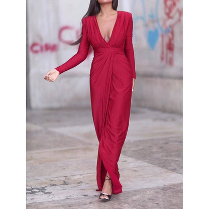 V-neck Long-sleeved Solid Color Maxi Dress - Xmaker