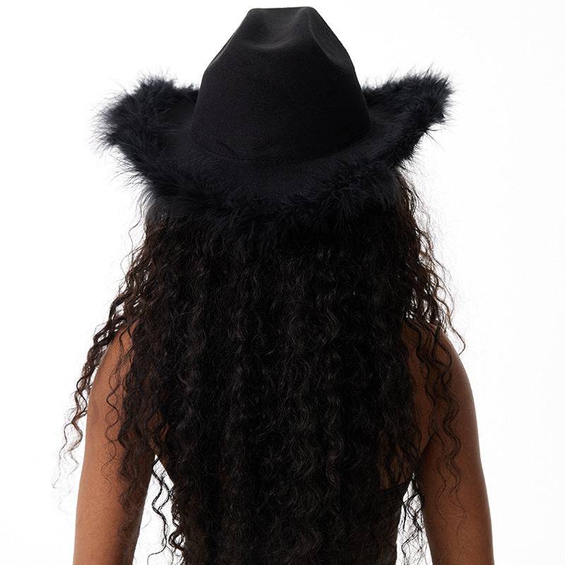 Women's Retro Black Woolen Big Brim Top Hat Fur Felt Hat - Xmaker