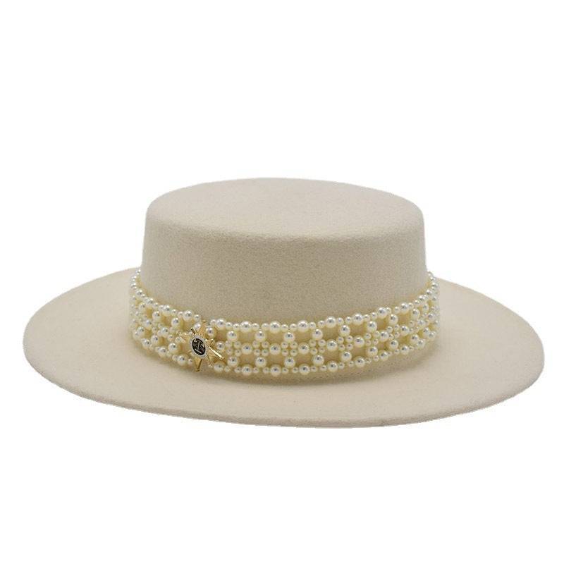 Wide Brim Flat Top Woolen Hat Women's Pearl Chain Felt Cap - Xmaker