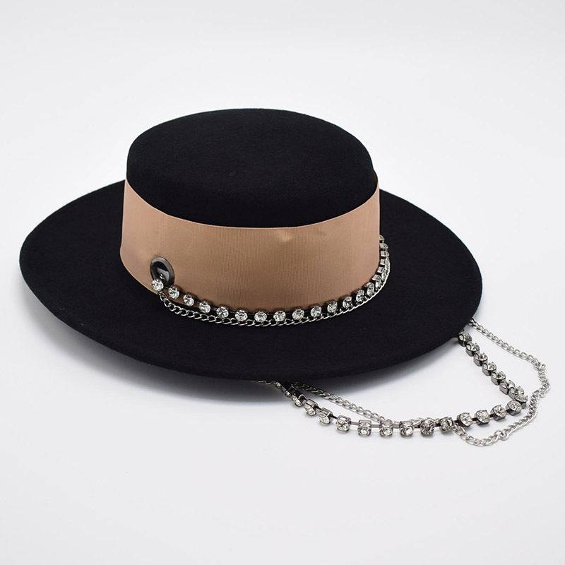 Wide Brim Flat Top Woolen Hat Women's Pearl Chain Felt Cap - Xmaker