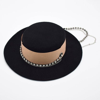 Wide Brim Flat Top Woolen Hat Women's Pearl Chain Felt Cap - Xmaker