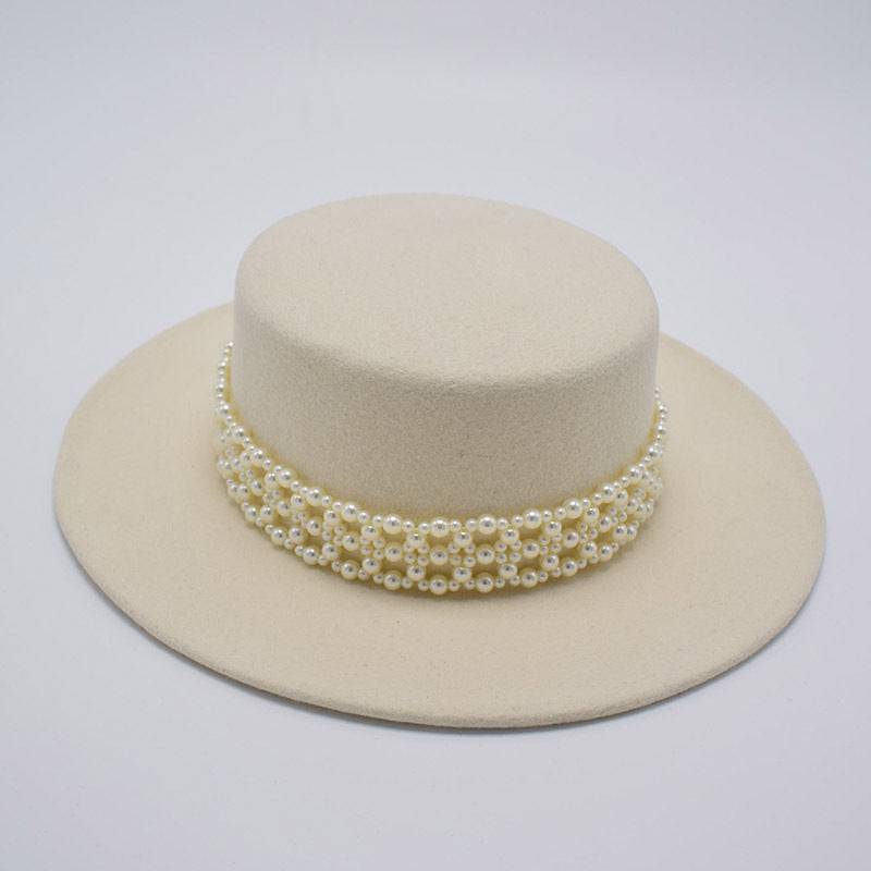 Wide Brim Flat Top Woolen Hat Women's Pearl Chain Felt Cap - Xmaker